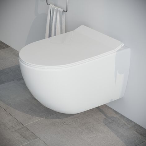 Sanitario Bagno WC Quadrato Sospeso 345x350x500mm Completo con Sedile Copri  WC Soft Close, Telaio con Cassetta ad Incasso con Placca di Comando per WC