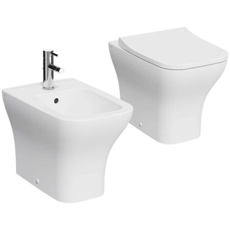 Sanitari bagno Bidet e Vaso WC a terra filomuro RIMLESS in ceramica con  sedile coprivaso softclose Fast