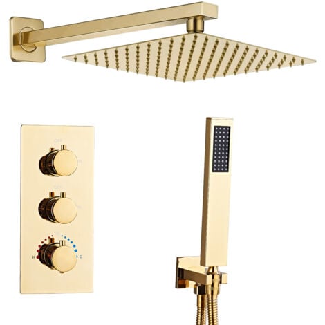 Sanitemodar Ensemble de Douche Encastré Thermostatique Doré, Colonne Douche Salle de Bain, Douche Encastree Noire avec Douchette à Main et Douche de Tête 25x25cm
