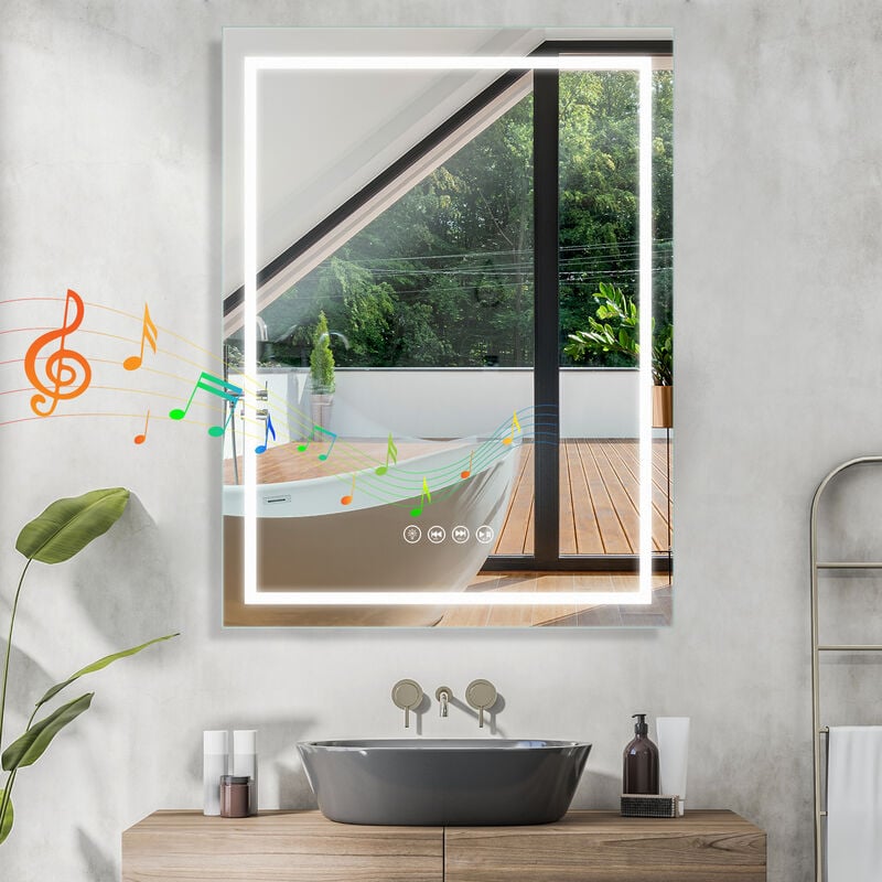 Sanitemodar - led Miroir Salle de Bain avec Bluetooth 60x80cm, Miroir Salle de Bain avec Eclairage Anti-buée, Miroir Mural avec Lumières Tricolores,