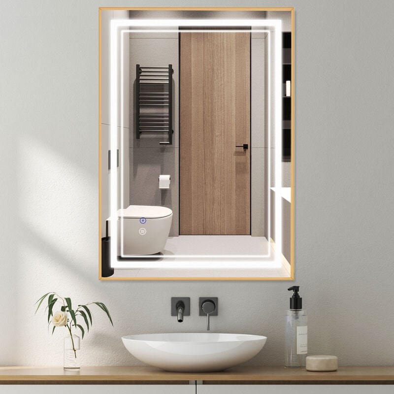Sanitemodar - Miroir de Salle de Bain led 60x80cm avec Cadre Doré, Miroir Mural avec Lumières Tricolores, Anti-buée, Interrupteur Tactile