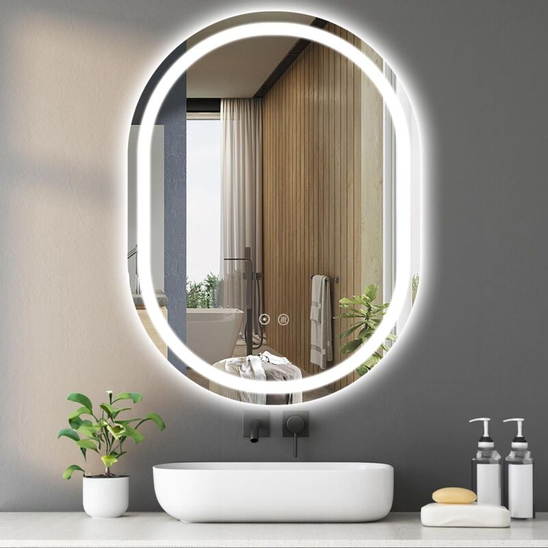 Sanitemodar - Miroir led de Salle de Bain 50x70cm, Miroir de Salle de Bain Ovale avec Lumières, Miroir Mural avec Lumières Tricolores, Anti-buée,