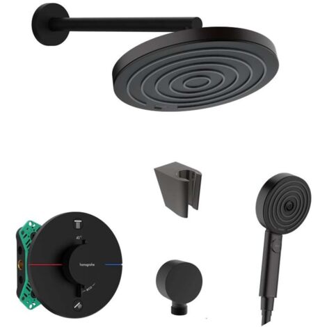 SANITINO - Conjunto de ducha con termostato empotrado hansgrohe, con cuerpo de montaje y accesorios kielle, negro mate SANI21HHK402
