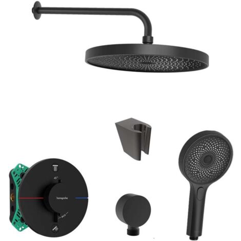 SANITINO - Conjunto de ducha con termostato empotrado hansgrohe, con cuerpo de montaje y accesorios kielle, negro mate SANI21HKK402