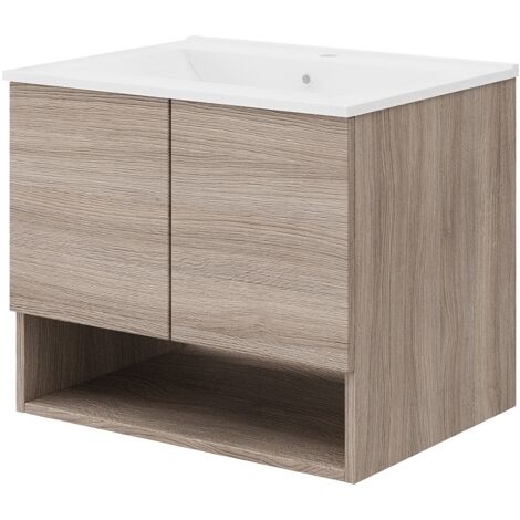 Saniverre – Meuble salle de bain 80 cm avec vasque simple encastrée – Chêne fumé – 2 portes soft-close – Caisson mural suspendu