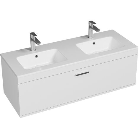 Saniverre – Meuble salle de bain double vasque 120 cm – Tiroir coulissant soft-close – Vasque en céramique blanche – Installation suspendue