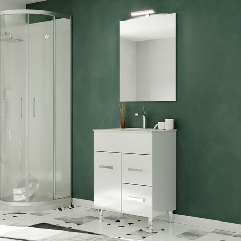 Saniverre – Meuble salle de bain sur pieds 60 cm avec vasque simple céramique encastrée – Miroir 60 x 80 cm inclus – Finition brillante MDF avec 1 porte et 2 tiroirs