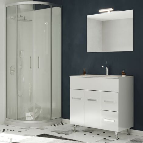 Saniverre – Meuble salle de bain sur pieds avec vasque simple céramique 80 cm – 2 portes battantes – 2 tiroirs coulissants – Miroir inclus