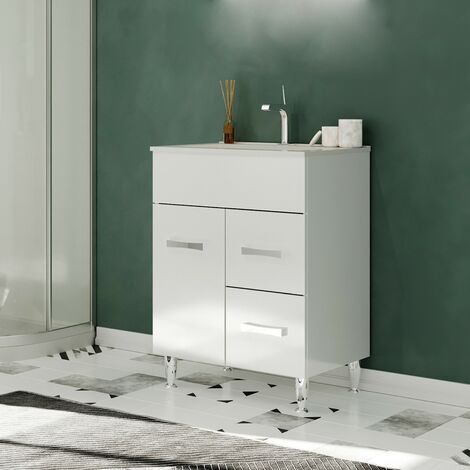 Saniverre – Meuble salle de bain sur pieds avec vasque simple céramique blanche 60 cm – 1 porte battante et 2 tiroirs – Finition brillante