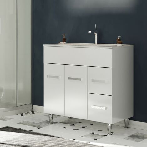 Saniverre – Meuble salle de bain sur pieds avec vasque simple céramique blanche L. 80 cm – 2 portes battantes et 2 tiroirs coulissants – Finition brillante