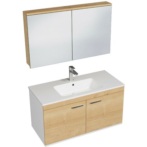 Saniverre – Meuble sous vasque simple 100 cm – 2 portes battantes chêne clair – Vasque céramique blanche – Miroir armoire avec étagère