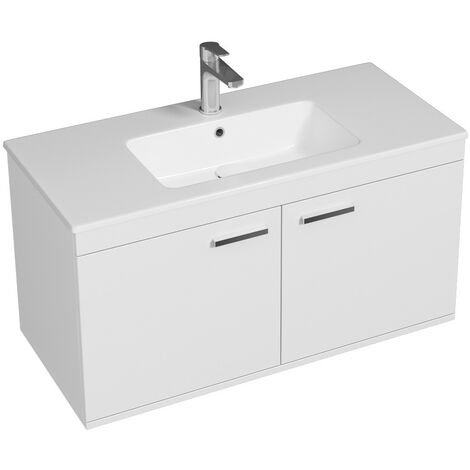 Saniverre – Meuble sous vasque simple 100 cm – Panneaux de particules mélaminés – Finition bois satiné – Vasque céramique blanche brillante