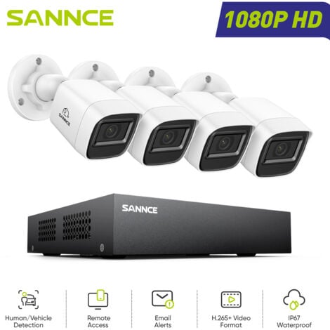 SANNCE 1080P Kit de Videovigilancia Exterior,4 Cámaras Bullet Detección Movimiento Visión Nocturna Sistema Cámara de Seguridad