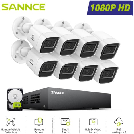 SANNCE 1080P Kit de Videovigilancia Exterior,8 Cámaras Bullet Detección Movimiento Visión Nocturna Sistema Cámara de Seguridad,1TB