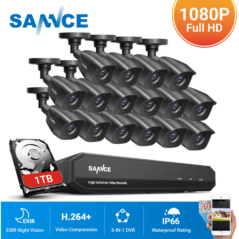 

16 canales 5 en 1 1080p HD DVR Sistema de cámara de seguridad con cable con cámaras de vigilancia CCTV 1080p para videovigilancia al aire libre Kits