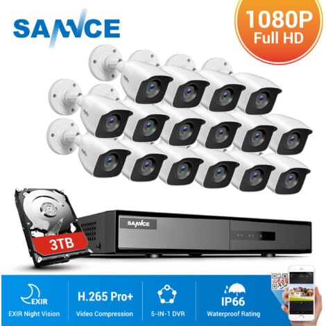 SANNCE 16CH 1080p Sistema de cámara de seguridad con cable 5 en 1 CCTV DVR con cámaras de vigilancia HD de 1080P para exteriores kits de videovigilancia 16 cámaras - Disco duro de 3TB