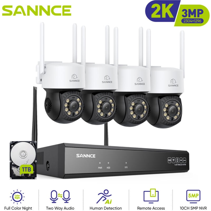 SANNCE 3MP Kit de Surveillance Sans Fil H.264 + Sécurité Protection Vision Nocturne Audio Bidirectionnel WIFI Vidéo Caméra Système - 1TB