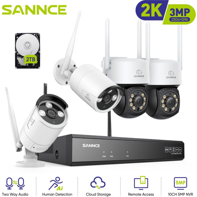 Sannce - 3MP Kit de Surveillance Sans Fil nvr ir Vision Nocturne Audio Bidirectionnelle Détection Mouvement Wifi Sécurité Caméra Système - 2TB