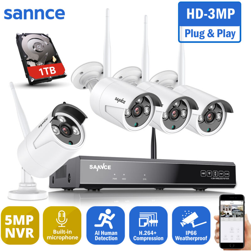 Sannce – Kit de vidéosurveillance 4 caméras 3MP WiFi IP66 étanche – Vision nocturne 30m – NVR 1To – Accès mobile – Détection humaine AI