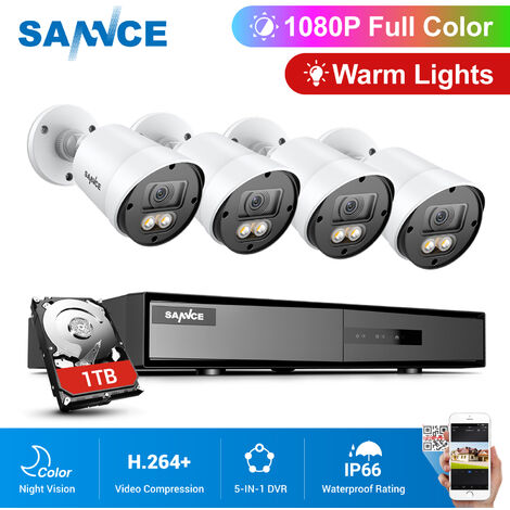 SANNCE 4CH 1080p Security Camera System 5 in 1 CCTV DVR Recorder Wired Cameras 100 ft Night Vision Videosurveillance Kits For Home Outdoor Indoor 4 Cameras - No Hard Drive