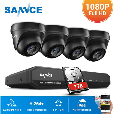 SANNCE 4CH 1080p Système de caméra de sécurité DVR 5 en 1 avec caméras de surveillance CCTV filaires 1080p pour la maison Kits de vidéosurveillance extérieure 4 caméras - Disque dur 1 To