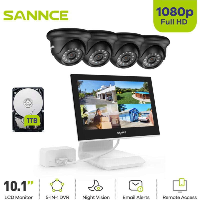 4CH Kits de Vidéosurveillance 10.1'Écran 1080P 4Caméra hd ir Vision Nocturne Accès à Distance Sécurité Surveillance Système - 1TB hdd - Sannce