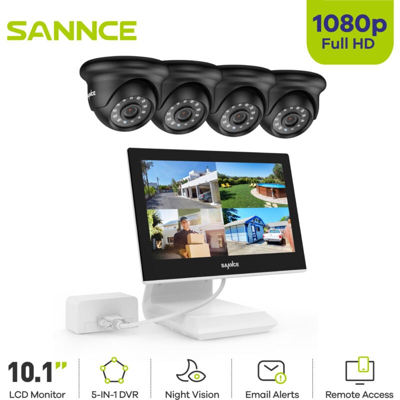 4CH Kits de Vidéosurveillance 10.1'Écran 1080P 4Caméra hd ir Vision Nocturne Accès à Distance Sécurité Surveillance Système - Sannce