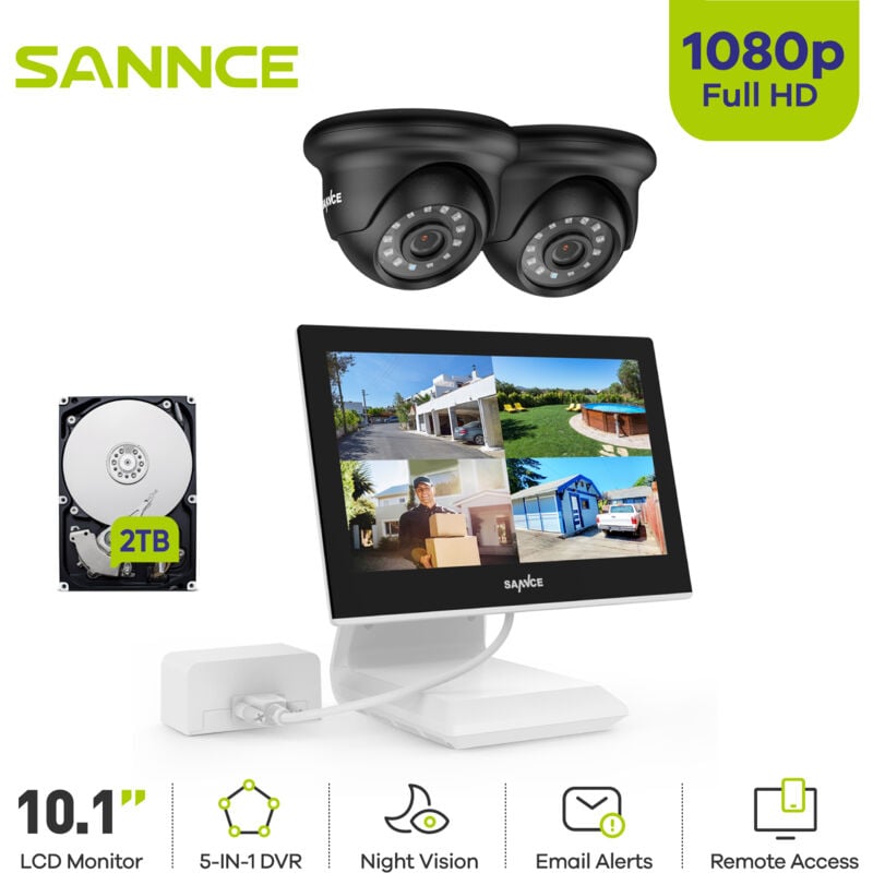 SANNCE 4CH Kits de Vidéosurveillance 10.1"Écran 21080P Caméra HD IR Vision Nocturne Étanche Accès à Distance Sécurité Surveillance Système - 1TB HDD