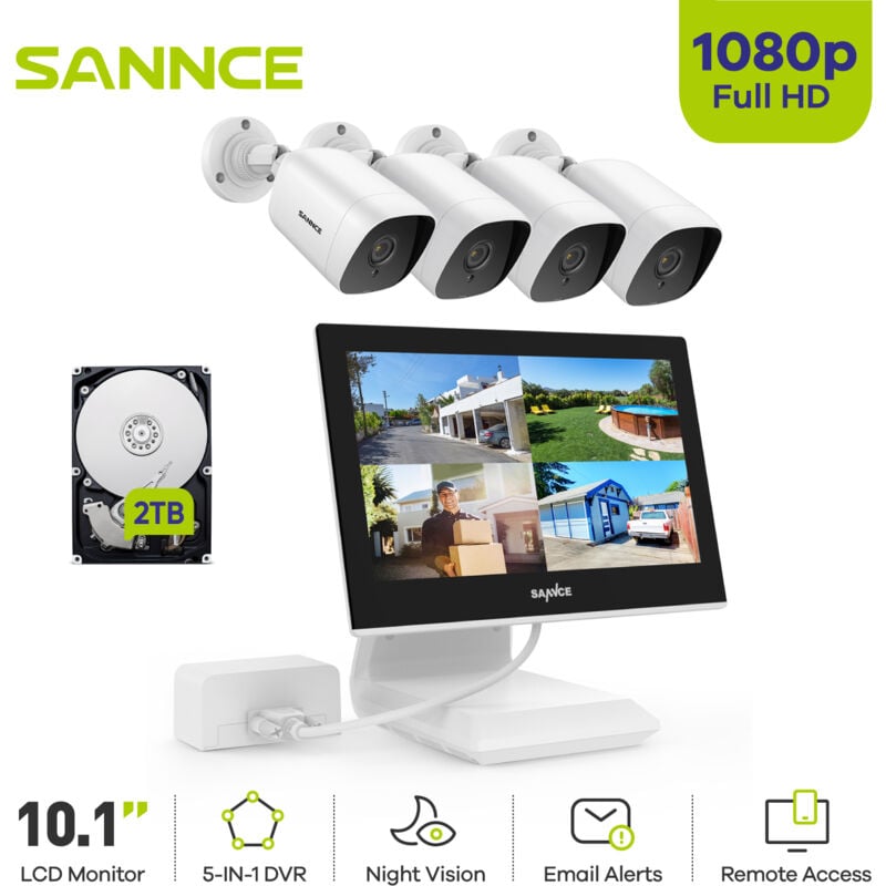 Sannce - 4CH Kits de Vidéosurveillance 10.1''Moniteur lcd 1080P 4 Caméra Extérieure/Intérieure Vision Nocturne Accès Distance Sécurité Caméra Système