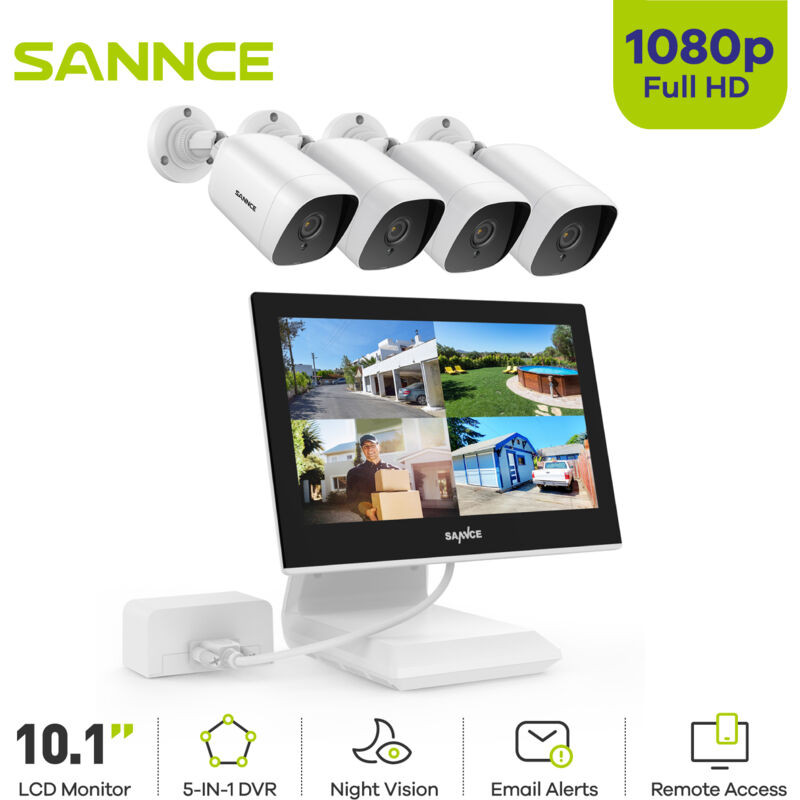 Sannce - 4CH Kits de Vidéosurveillance 10.1''Moniteur lcd 1080P 4 Caméra Extérieure/Intérieure Vision Nocturne Accès Distance Sécurité Caméra Système