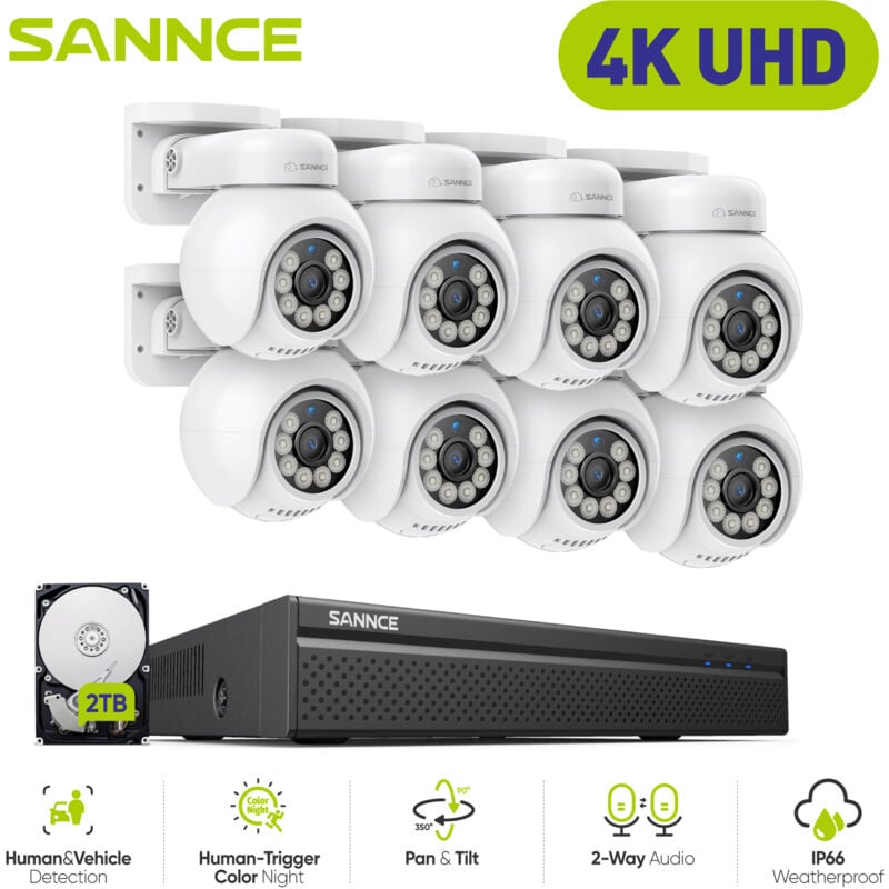 Sannce - 4K Kit Caméra de Surveillance nvr Couleur Vision Nocturne Audio Bidirectionnel Sécurité Caméras Vidéo Système - 2TB