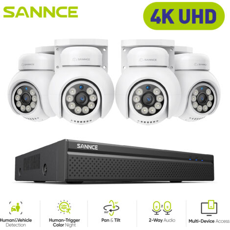 SANNCE 4K Sistema di telecamere di sicurezza PT PoE,4 telecamere IP PT,audio bidirezionale, videosorveglianza 24/7,0TB HDD