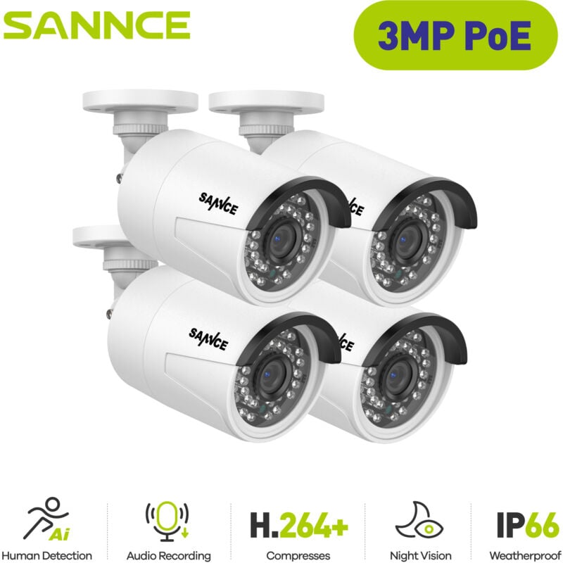 Sannce - 4 Telecamera di sorveglianza PoE da 3MP per interni esterni - 36 led ir IP66 - Resistente alle intemperie per nvr N98PBD/N96PBK
