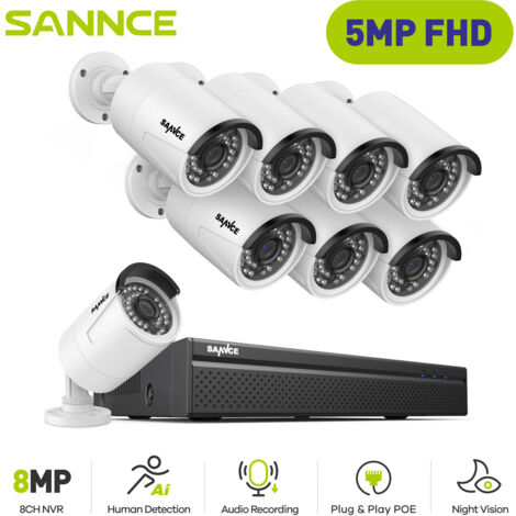 SANNCE 5MP H.264+ PoE NVR 8 Channel POE NVR with 8 CCTV Cameras 5MP Recorder Waterproof IP66 Security Camera System for Indoor Outdoor, Without HDD