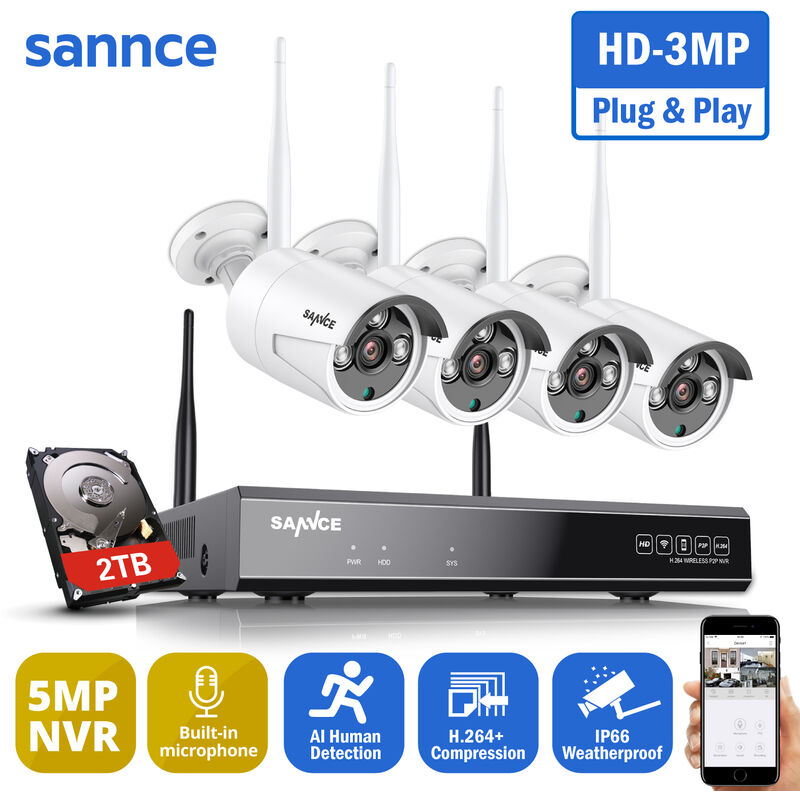 

5MP HD Sistema de cámara de seguridad NVR inalámbrica con cámaras WiFi de 3MP + Alertas de movimiento inteligente Micrófono incorporado AI Human