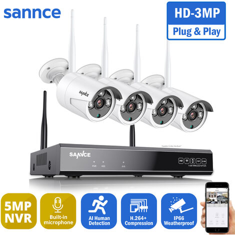 SANNCE 5MP HD Système de caméra de sécurité NVR sans fil avec caméras WiFi 3MP Stream Accès à distance et alertes de mouvement Micro intégré AI Détection humaine 4 caméras