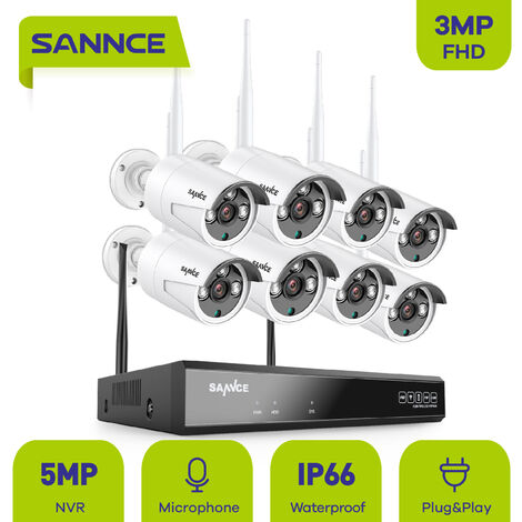 SANNCE 5MP HD Système de caméra de sécurité NVR sans fil avec caméras WiFi 3MP Stream Accès à distance et alertes de mouvement Micro intégré AI Détection humaine 8 caméras