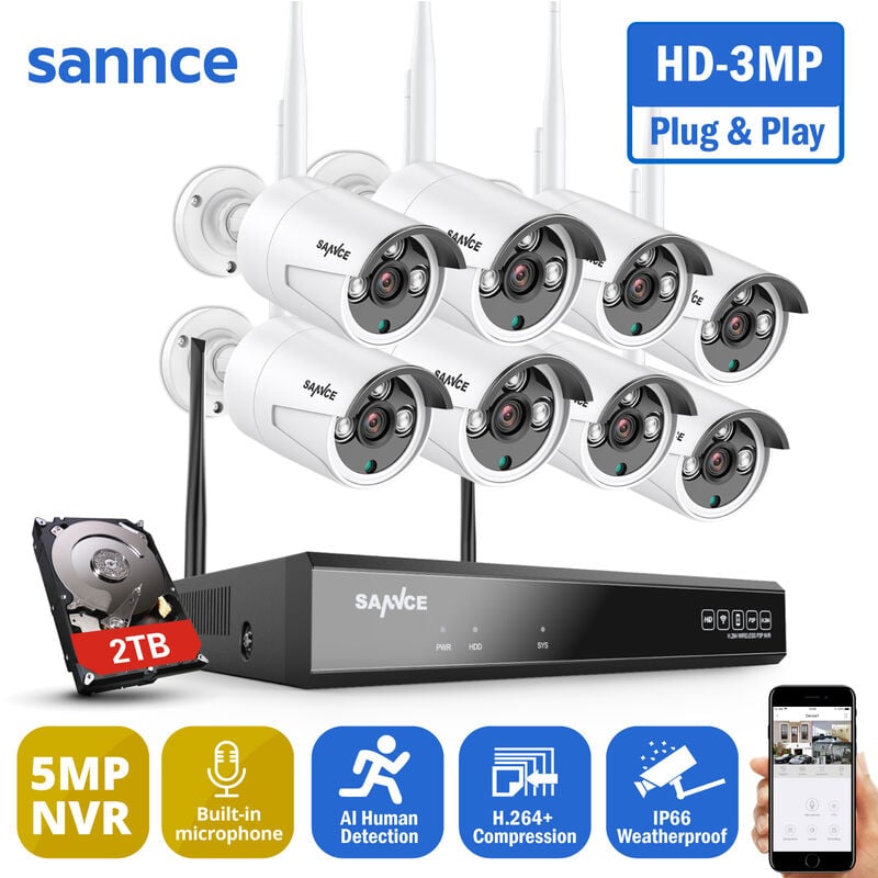 5MP hd Système de caméra de sécurité nvr sans fil avec caméras WiFi 3MP Stream Accès à distance et alertes de mouvement Micro intégré ai Détection