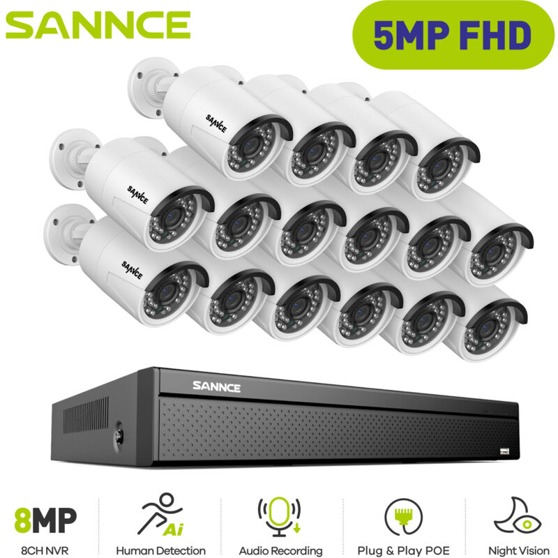 5MP Kit caméra de vidéosurveillance,Outdoor 4K H.265+ PoE nvr Video 16CH Audio Video Security Surveillance System 16Camera - Sannce