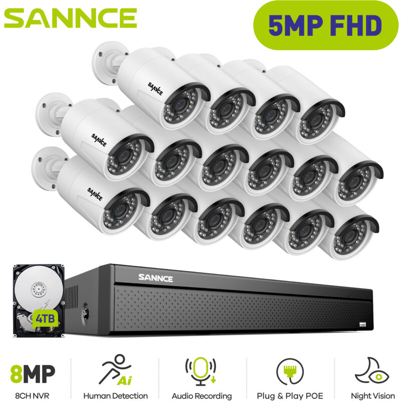 5MP Kit caméra de vidéosurveillance,Outdoor Security 16CH H.265+ PoE nvr Video Audio Video Surveillance System 16Camera - 4TB hdd - Sannce