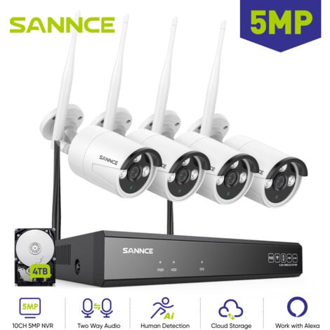 SANNCE 5MP Kit de vidéosurveillance WiFi 4 Caméras Sans Fil Système de Caméra de Sécurité Audio Vision Nocturne,4TB