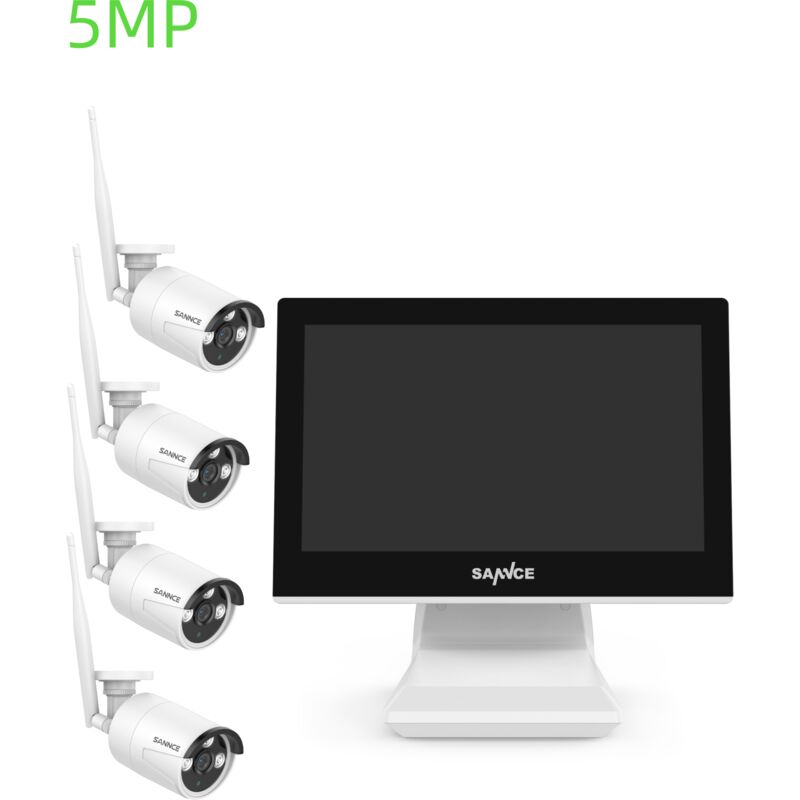 Sannce - Sistema di telecamere ip wireless da 5 mp, monitor lcd da 10 canali nvr da 10,1' con kit cctv da 4 telecamere poe da 5 mp