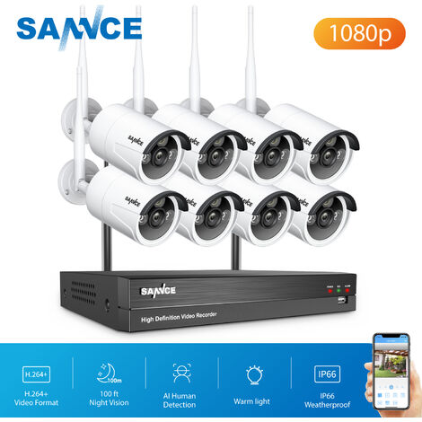 SANNCE 8 Channel WiFi IP Security Camera System with 8 pcs 1080p Outdoor Wireless CCTV Surveillance Cameras AI Human Detection without harddisk