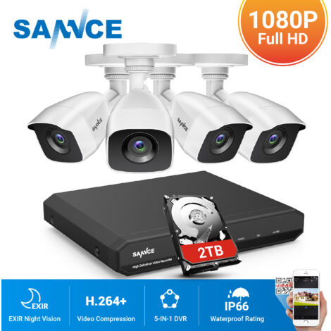 SANNCE 8CH 1080P Kit de Vidéosurveillance Système de Sécurité 5 en 1 CCTV DVR Enregistreur Surveillance Vidéo Filaire étanche 4 Caméras – 2 TB disque dur