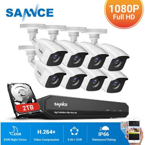 SANNCE 8CH 1080p système de caméra de sécurité 5 en 1 CCTV DVR enregistreur Surveillance vidéo filaire étanche 8 caméras – 2 TB disque dur