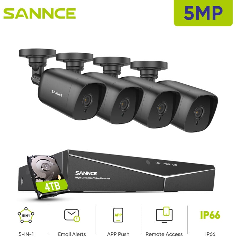 8CH Kit de vidéosurveillance 5MN dvr 4 × 5MP caméra Vision nocturne ir IP66 étanche système caméra écurité vidéo d'accès distance - 4TB hdd - Sannce