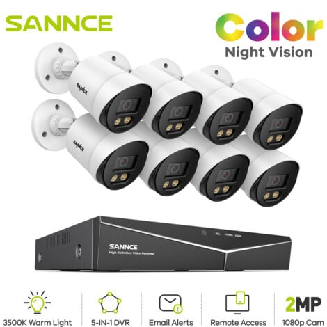 SANNCE 8CH Kits de Videovigilancia DVR 1080P HD 8 Cámara Todo Color Visión Nocturna Monitoreo Remoto Sistema Vigilancia Seguridad Blanco