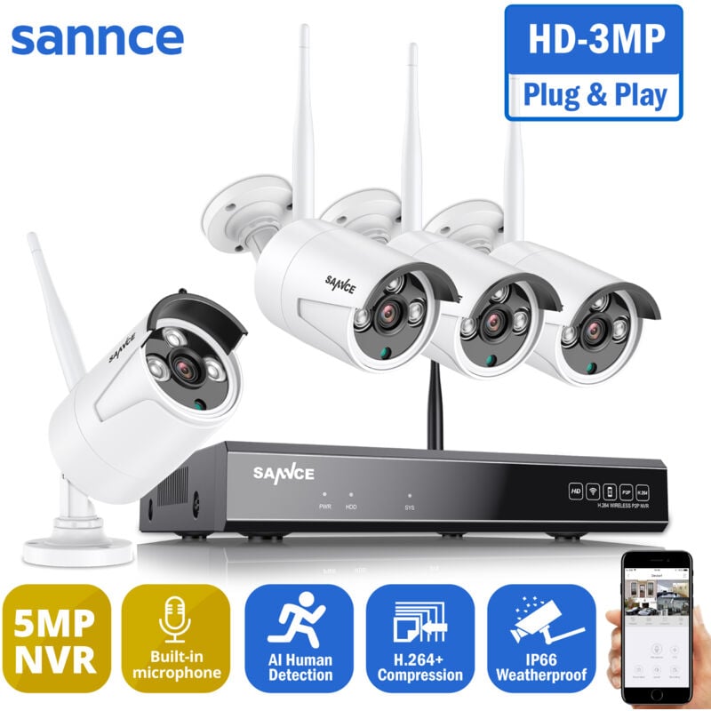 Sannce - 8CH WiFi Kit de Vidéosurveillance 3MP caméra ip Wifi IP66 étanche ir Vision Nocturne Sécurité Domicile Système Vidéo Extérieures 4Caméras
