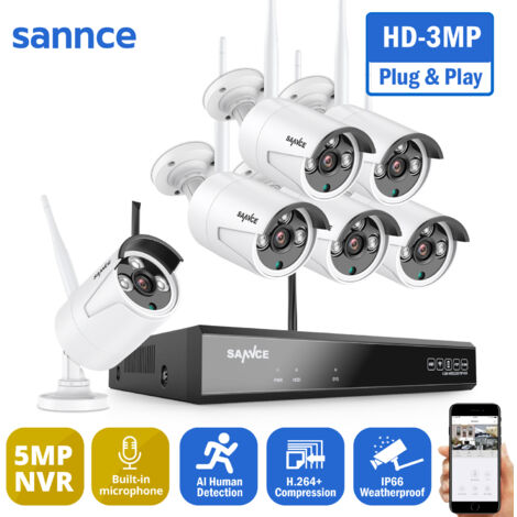 SANNCE 8CH WiFi Kit de Vidéosurveillance 3MP caméra IP Wifi IP66 étanche IR Vision Nocturne Sécurité Domicile Système Vidéo Extérieures 6Caméras