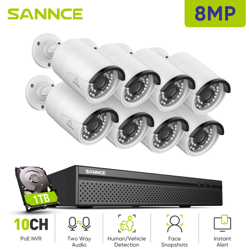 Sannce - 8MP Kit de Vidéosurveillance nvr 8×Caméras Smart ir Vision Nocturne Microphone Système de Sécurité Vidéo 1TB
